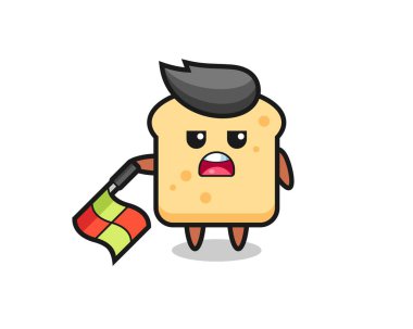 Çizgi hakimi olarak ekmek karakteri bayrağı 45 derecelik açıyla tutun. Tişört, etiket, logo elementi için şirin bir tasarım.