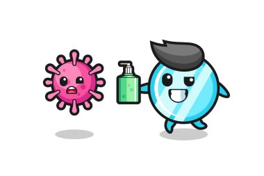 Aynadaki karakterin el dezenfektanı ile kötü virüsü kovalamasının resmi, tişört, çıkartma, logo elementi için şirin bir tasarım.