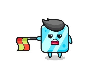 Satır yargıcı olarak buz küpü karakteri bayrağı yatay tutun, tişört, etiket, logo elementi için şirin bir tasarım yapın