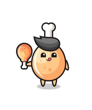 Kızarmış tavuk maskotu kızarmış tavuk yiyor. Tişört, çıkartma, logo elementi için şirin bir tasarım.