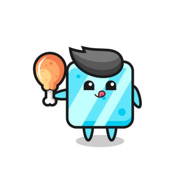 Buz küpü şirin maskotu kızarmış tavuk yiyor. Tişört, çıkartma, logo elementi için şirin bir tasarım.