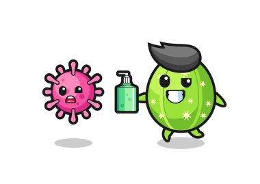 illustration of cactus character chasing evil virus with hand sanitizer , cute style design for t shirt, sticker, logo element