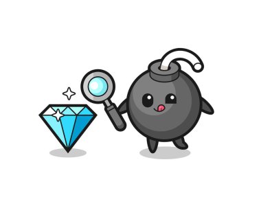 bomb mascot is checking the authenticity of a diamond , cute style design for t shirt, sticker, logo element