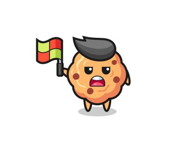 chocolate chip cookie character as line judge putting the flag up , cute style design for t shirt, sticker, logo element