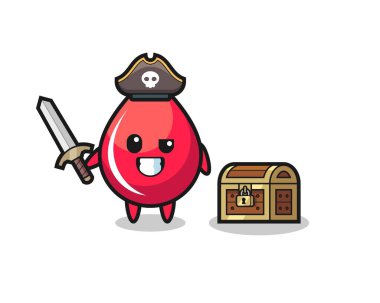 the blood drop pirate character holding sword beside a treasure box , cute style design for t shirt, sticker, logo element