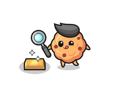 chocolate chip cookie character is checking the authenticity of the gold bullion , cute style design for t shirt, sticker, logo element