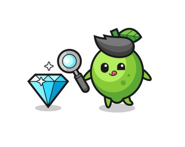 lime mascot is checking the authenticity of a diamond , cute style design for t shirt, sticker, logo element