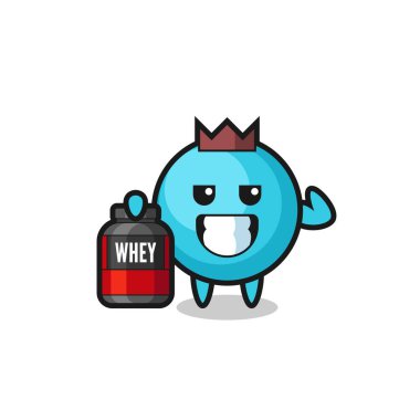 the muscular blueberry character is holding a protein supplement , cute style design for t shirt, sticker, logo element