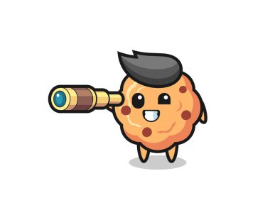 cute chocolate chip cookie character is holding an old telescope , cute style design for t shirt, sticker, logo element