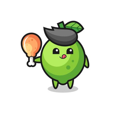 lime cute mascot is eating a fried chicken , cute style design for t shirt, sticker, logo element
