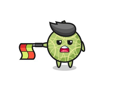 melon fruit character as line judge hold the flag straight horizontally , cute style design for t shirt, sticker, logo element