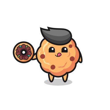 illustration of an chocolate chip cookie character eating a doughnut , cute style design for t shirt, sticker, logo element