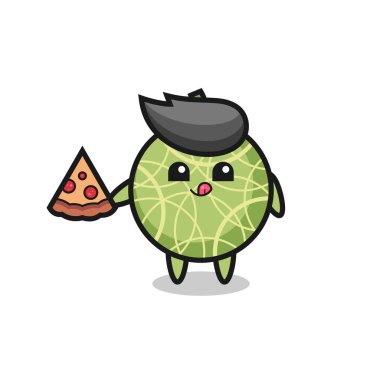 cute melon fruit cartoon eating pizza , cute style design for t shirt, sticker, logo element