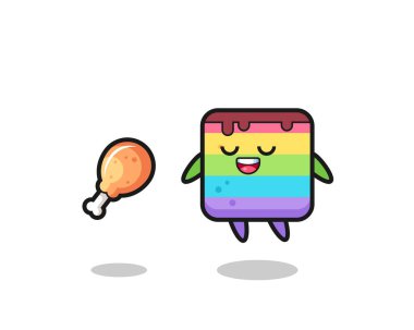 cute rainbow cake floating and tempted because of fried chicken , cute style design for t shirt, sticker, logo element