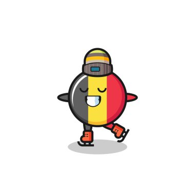 belgium flag badge cartoon as an ice skating player doing perform , cute style design for t shirt, sticker, logo element