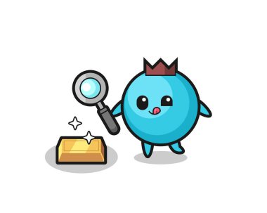 blueberry character is checking the authenticity of the gold bullion , cute style design for t shirt, sticker, logo element