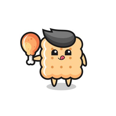 cracker cute mascot is eating a fried chicken , cute style design for t shirt, sticker, logo element