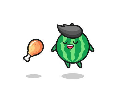 cute watermelon floating and tempted because of fried chicken , cute style design for t shirt, sticker, logo element