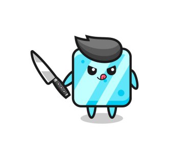 cute ice cube mascot as a psychopath holding a knife , cute style design for t shirt, sticker, logo element