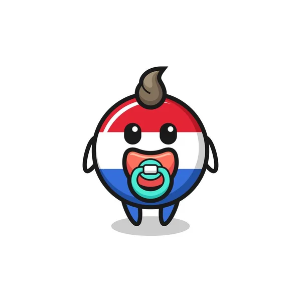 Baby Nederland Vlag Badge Cartoon Karakter Met Fopspeen Leuke Stijl — Stockvector