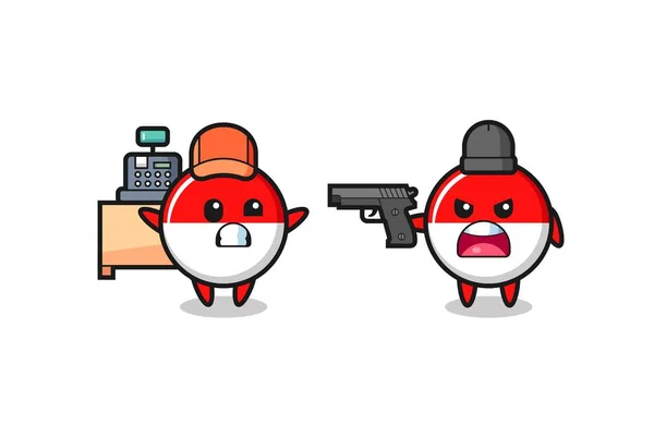 Illust Cute Indonesia Flag Badge Cashier Pointed Gun Robber Cute — Vector de stock