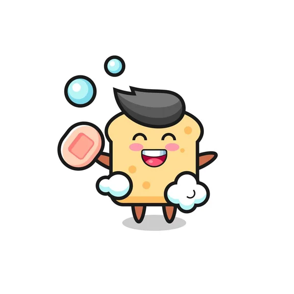 Ekmek Karakteri Sabun Tutarken Banyo Yapıyor Tişört Etiket Logo Elementi — Stok Vektör