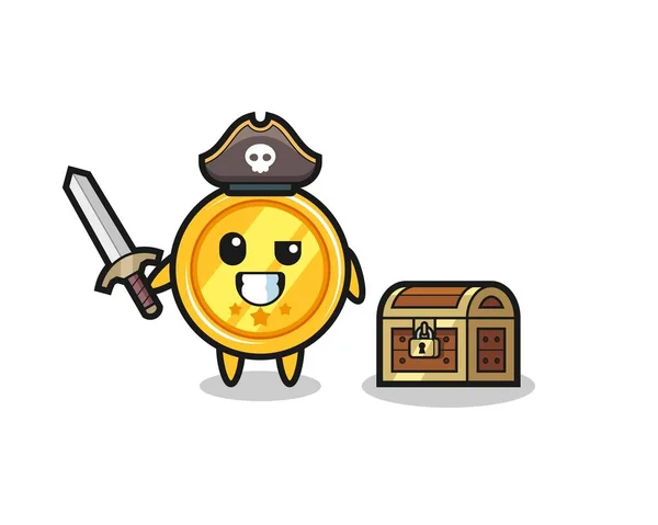 Medalla Pirata Personaje Sosteniendo Espada Lado Una Caja Del Tesoro — Vector de stock