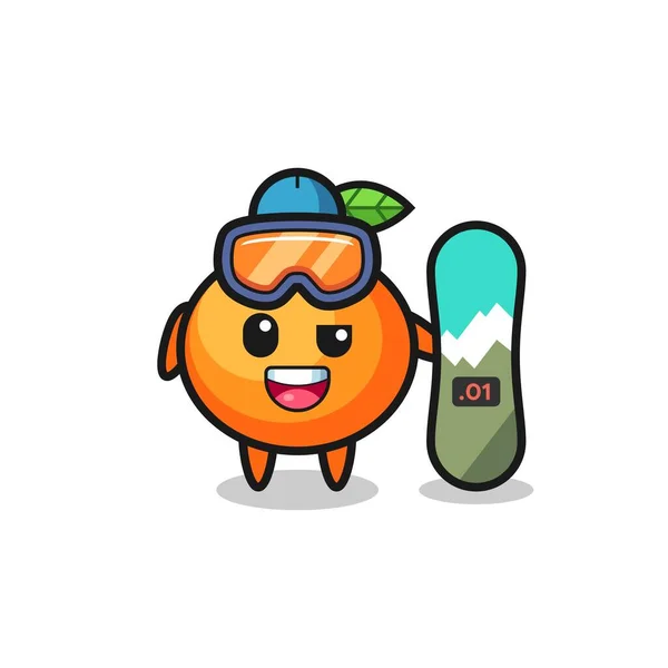 Ilustracja Mandaryński Pomarańczowy Charakter Stylu Snowboardingu Ładny Styl Projekt Koszulki — Wektor stockowy