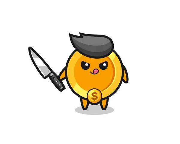 Cute Dollar Currency Coin Mascot Psychopath Holding Knife Cute Style — Stock Vector