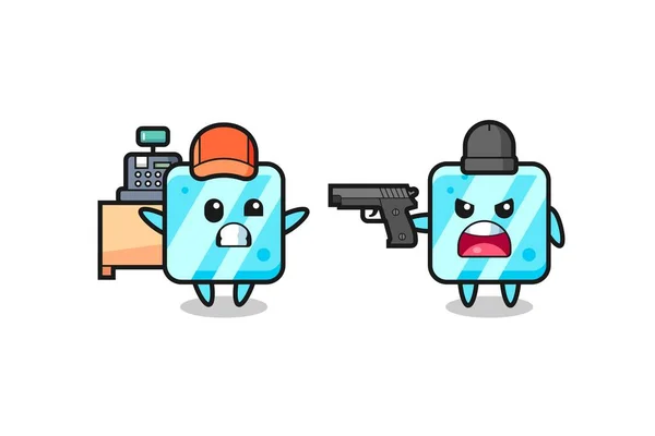 Illustration Cute Ice Cube Cashier Pointed Gun Robber Cute Style — Stock vektor
