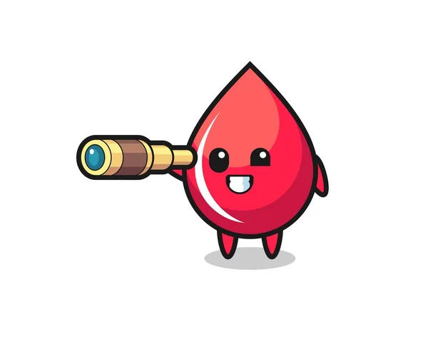 Cute Blood Drop Character Holding Old Telescope Cute Style Design — Stok Vektör