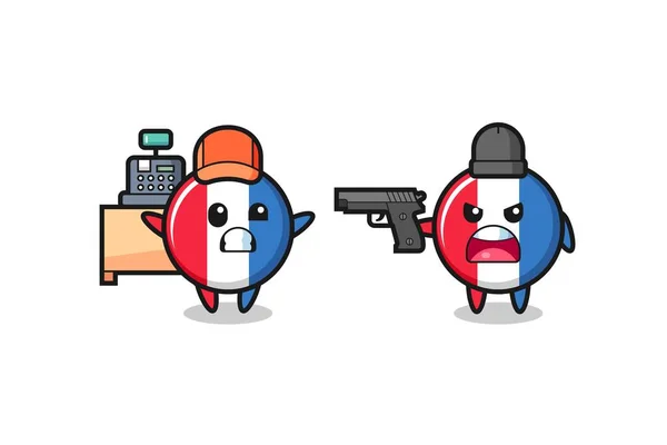 Illustration Cute France Flag Badge Cashier Pointed Gun Robber Cute — Stock Vector