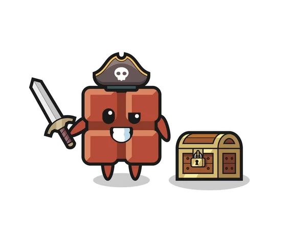 Chocolate Bar Pirate Character Holding Sword Treasure Box Cute Style — Stock vektor