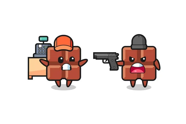 Illustration Cute Chocolate Bar Cashier Pointed Gun Robber Cute Style — Stok Vektör