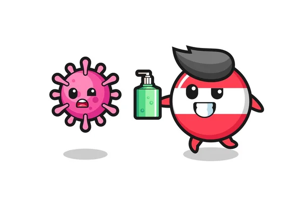 Illustration Austria Flag Badge Character Chasing Evil Virus Hand Sanitizer — ストックベクタ