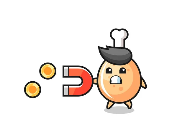 Character Fried Chicken Hold Magnet Catch Gold Coins Cute Style — Image vectorielle