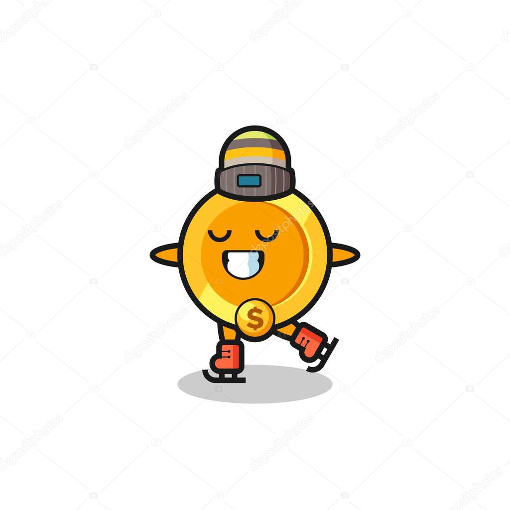 Dollar currency coin cartoon as an ice skating player doing perform , cute style design for t shirt, sticker, logo element