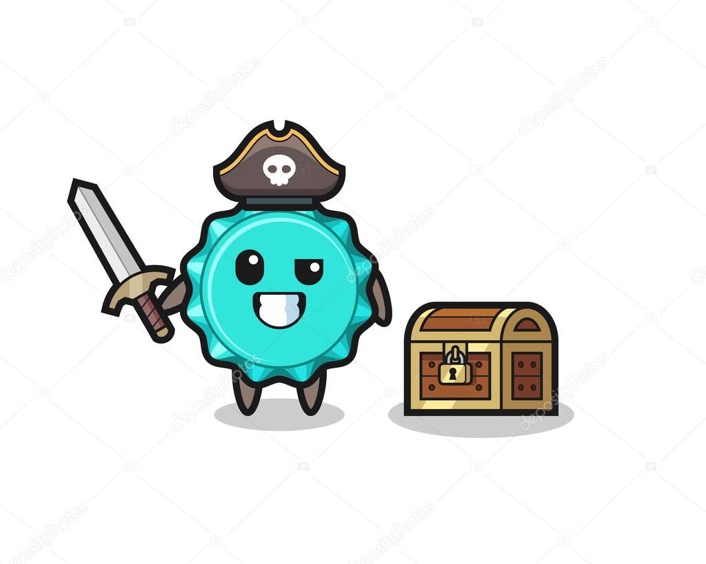 the bottle cap pirate character holding sword beside a treasure box , cute style design for t shirt, sticker, logo element