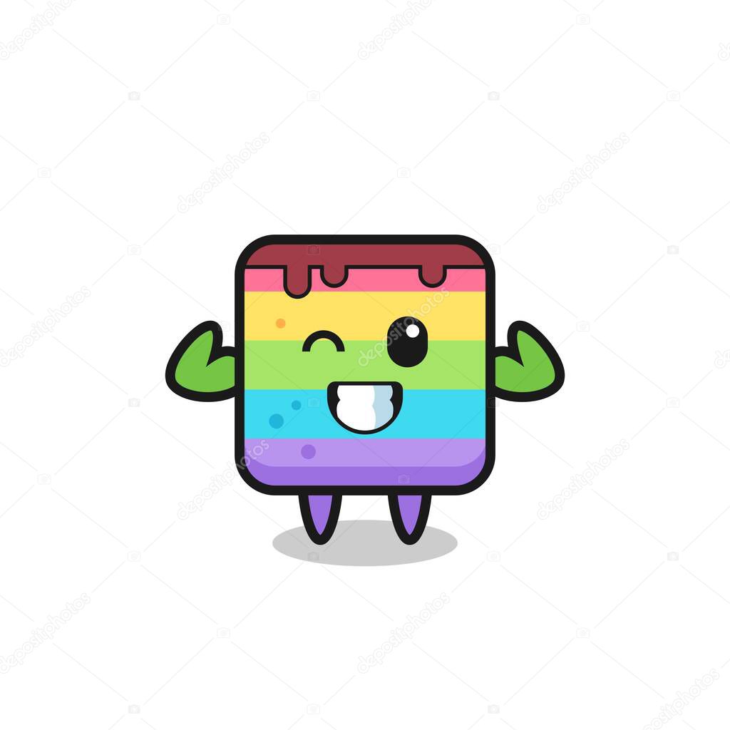 the muscular rainbow cake character is posing showing his muscles , cute style design for t shirt, sticker, logo element