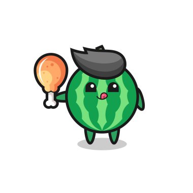 watermelon cute mascot is eating a fried chicken , cute style design for t shirt, sticker, logo element