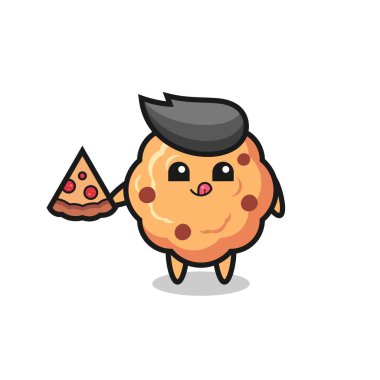 cute chocolate chip cookie cartoon eating pizza , cute style design for t shirt, sticker, logo element