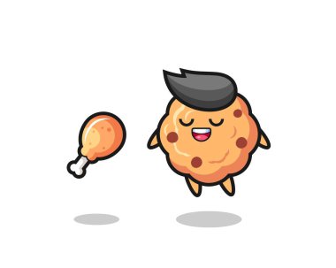 cute chocolate chip cookie floating and tempted because of fried chicken , cute style design for t shirt, sticker, logo element