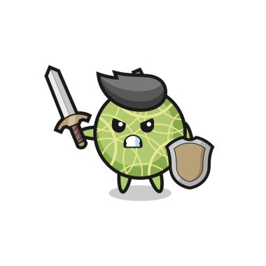 cute melon fruit soldier fighting with sword and shield , cute style design for t shirt, sticker, logo element