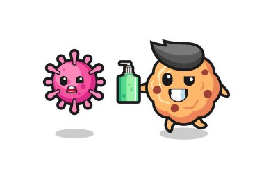 illustration of chocolate chip cookie character chasing evil virus with hand sanitizer , cute style design for t shirt, sticker, logo element