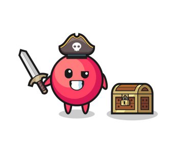 the cranberry pirate character holding sword beside a treasure box , cute style design for t shirt, sticker, logo element