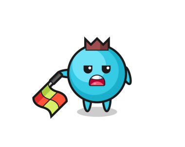 çizgi hakemi olarak yaban mersini karakteri bayrağı 45 derecelik açıyla tutun, tişört, etiket, logo elementi için şirin bir tasarım