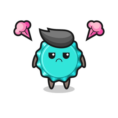 Şirin şişe kapağı çizgi film karakterinin rahatsız edici ifadesi tişört, çıkartma, logo elementi için şirin bir tasarım.