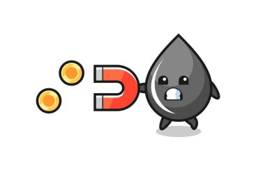 Yağ damlası karakteri altın sikkeleri yakalamak için bir mıknatıs tutar, tişört, çıkartma, logo elementi için şirin bir tasarım.