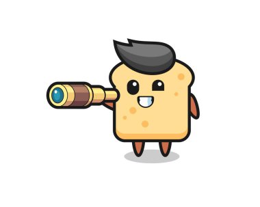 Şirin ekmek karakteri eski bir teleskop tutuyor. Tişört, çıkartma, logo elementi için şirin bir tasarım.