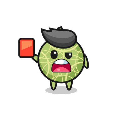 Hakemin kırmızı kart verdiği kavun meyvesi maskotu tişört, etiket, logo elementi için şirin bir tasarım.